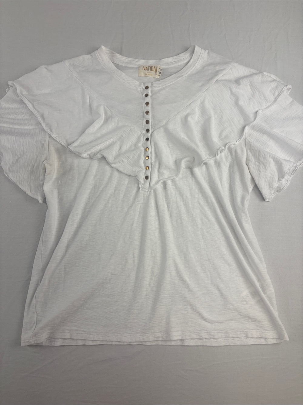 Nation LTD White Ruffle-Trim Button Henley Tee 100% Pima Cotton